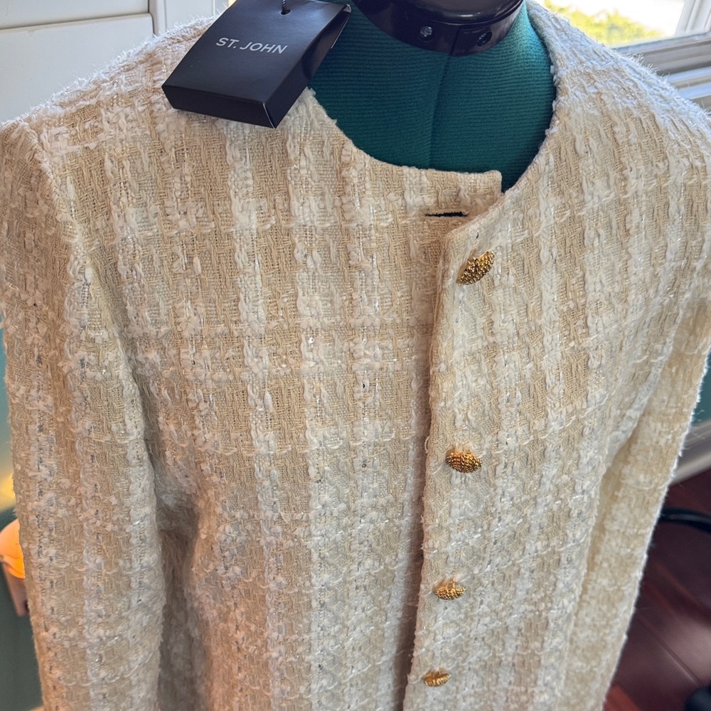 St. John Cream Tweed Coat with Gold Buttons